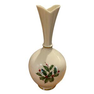 Lenox Holiday Holly Berry Fluted Top Bud Vase‎ Gold Trim USA 8 Inch Oval Serving